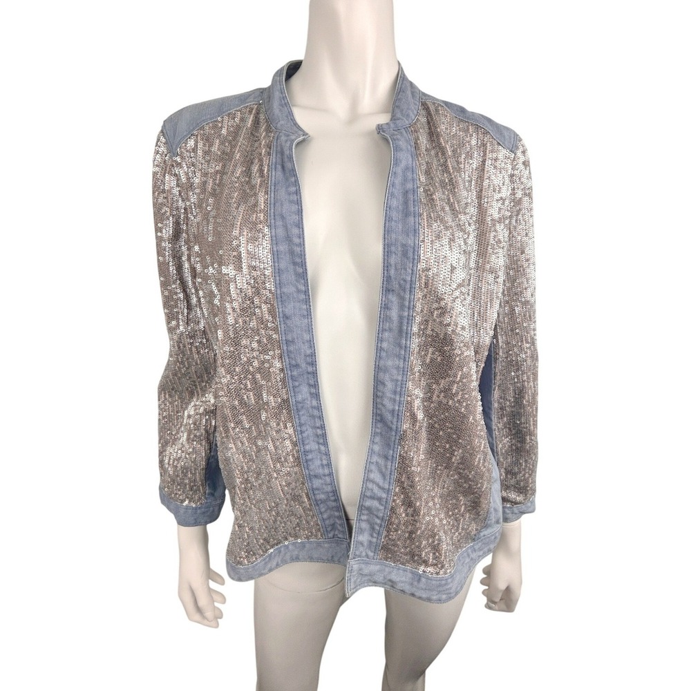 Chico's Denim Sequin Jacket Womens Size 2 US L Open Front Stretch Blue